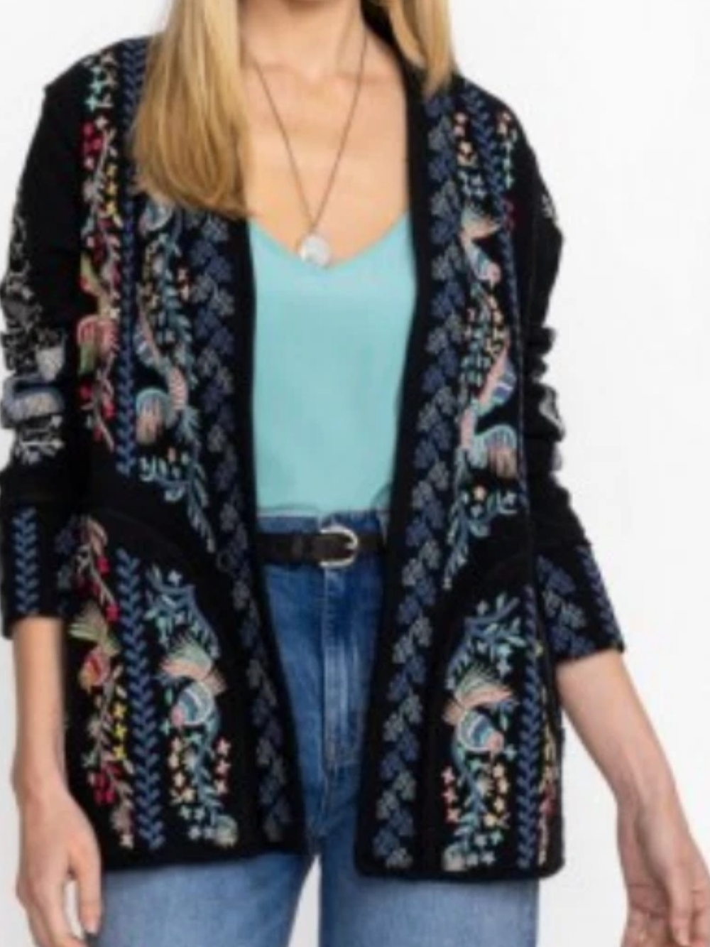 New Sz L Johnny Was Biya Violetta Embroidered Open-Front Sweater Cardigan